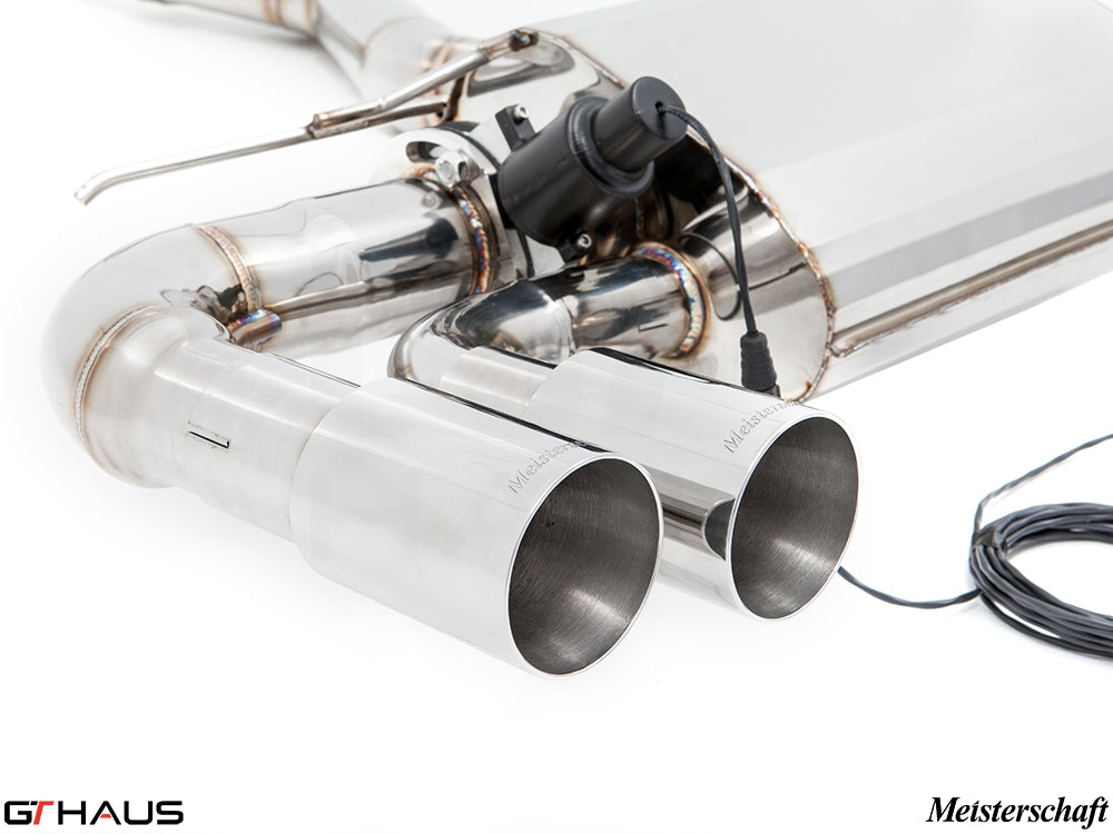 Premium exhaust system for BMW F32/F33 4 Series with electronic valve control and polished stainless steel tips.