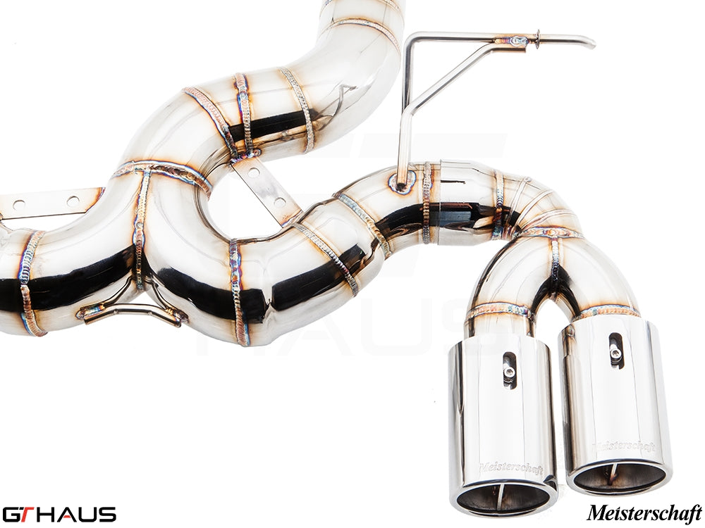 Premium exhaust system for BMW F32/F33 4 Series 428/430i, featuring stainless steel construction and dual tips.