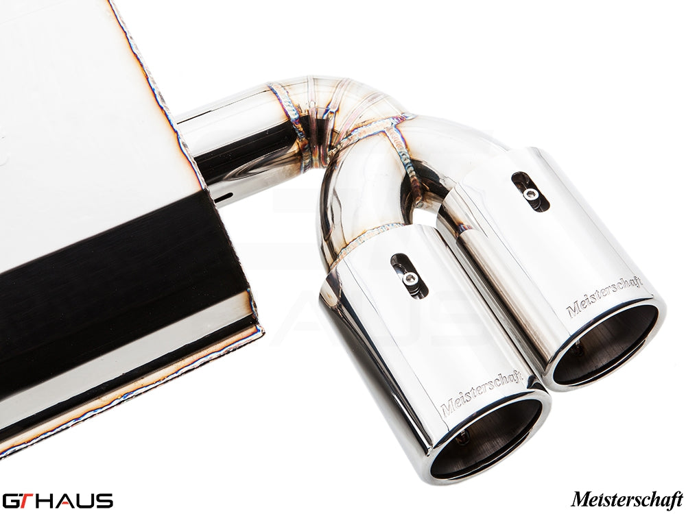 Premium Meisterschaft exhaust system for BMW F32/F33 4 Series, featuring dual polished tips and high-quality craftsmanship.