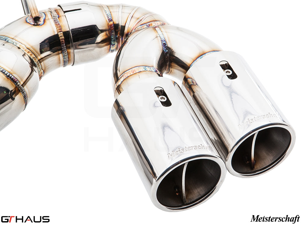 Premium Meisterschaft exhaust tips for BMW F32/F33 435/440i, showcasing high-quality stainless steel craftsmanship.