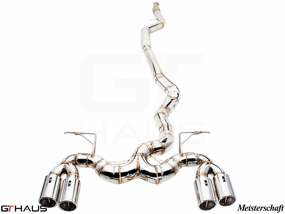Premium performance exhaust system for BMW F32/F33 4 Series 435/440i, featuring polished stainless steel and quad tips.