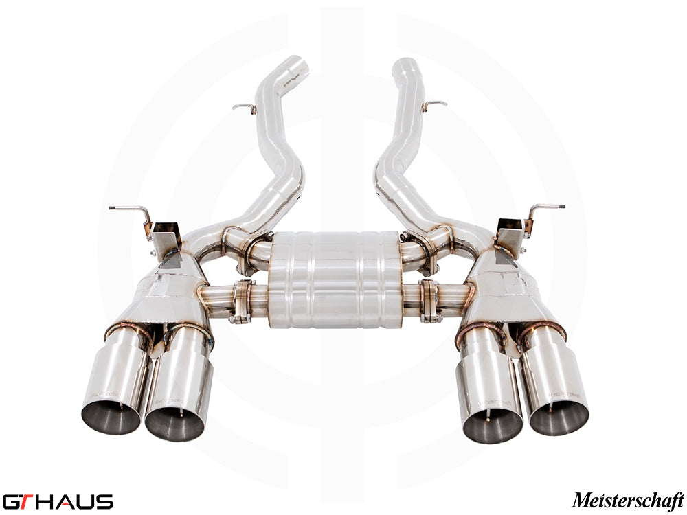 Premium exhaust system for BMW F80/82/83 M3/M4, featuring stainless steel construction and quad tips for enhanced performance.