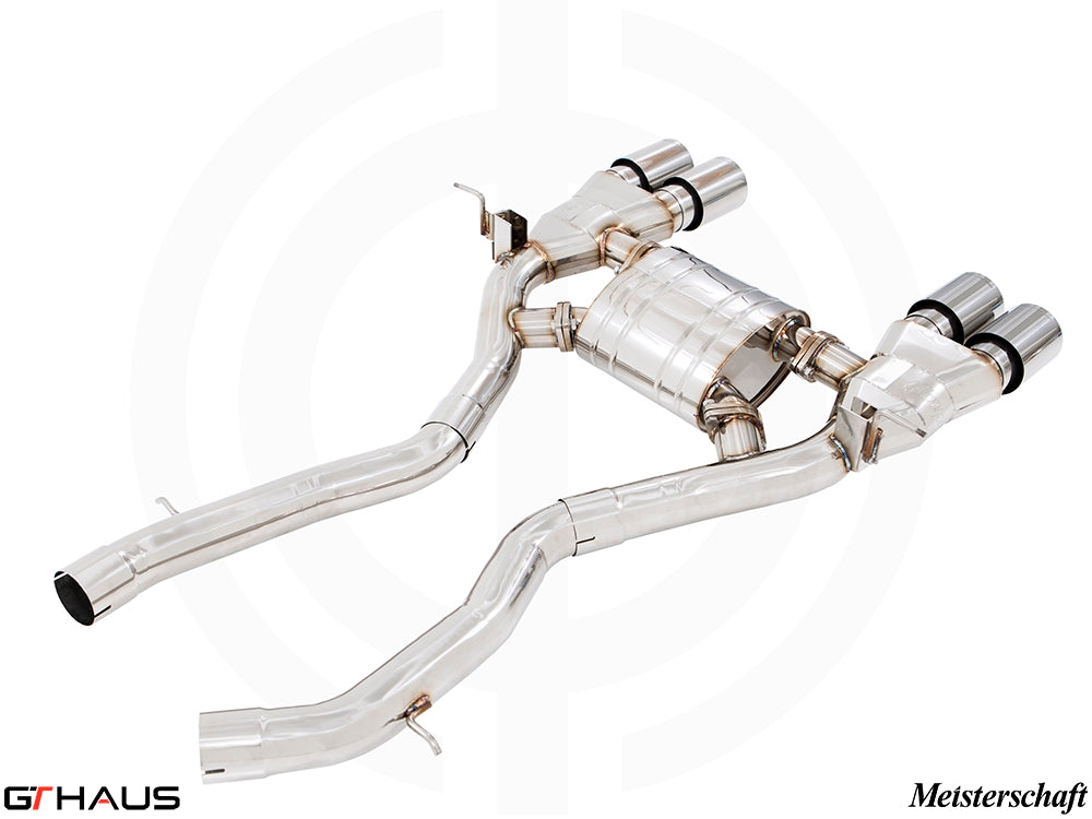 Premium performance exhaust system for BMW F80/82/83 M3/M4, featuring stainless steel construction and dual tips.
