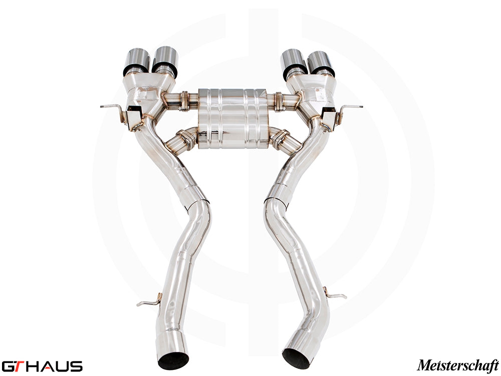 Premium performance exhaust system for BMW F80/82/83 M3/M4, featuring stainless steel construction and dual tips.