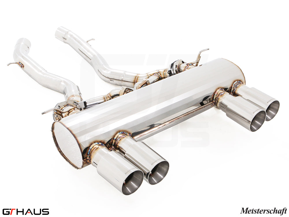 Premium performance exhaust system for BMW F80/82/83 M3/M4, featuring stainless steel construction and quad tips.