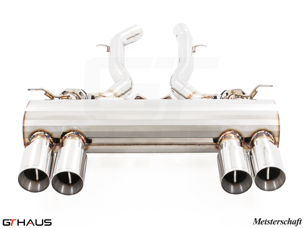 Premium Meisterschaft exhaust system for BMW F80/82/83 M3/M4, featuring polished tips and stainless steel construction.