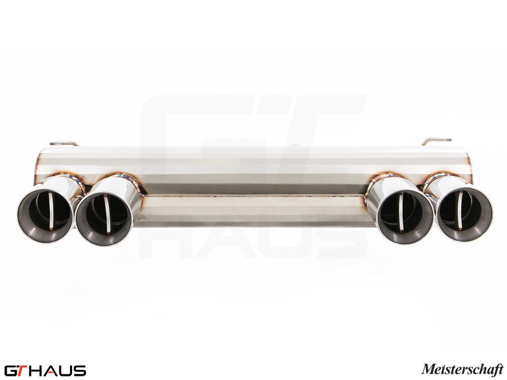 Premium Meisterschaft exhaust system for BMW F80/82/83 M3/M4, featuring quad tips and stainless steel construction.