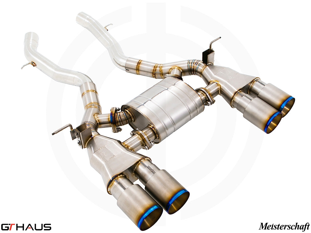 Premium Meisterschaft exhaust system for BMW F80/82/83 M3/M4, featuring stainless steel construction and quad tips.