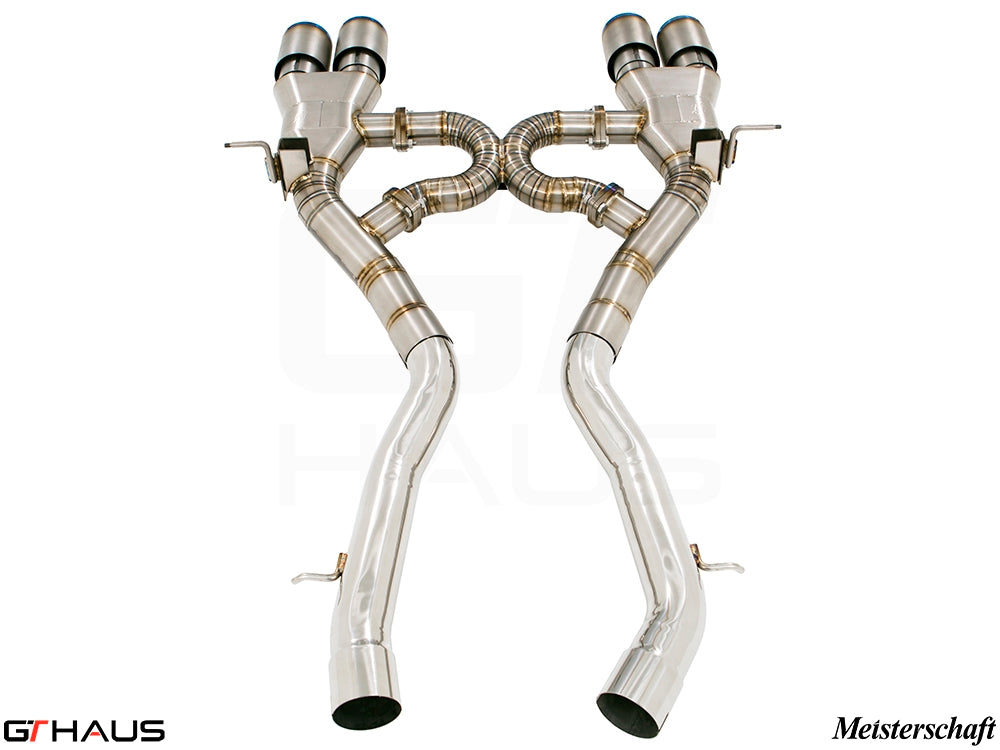 Premium performance exhaust system for BMW F80/82/83 M3/M4, featuring stainless steel construction and dual tips.