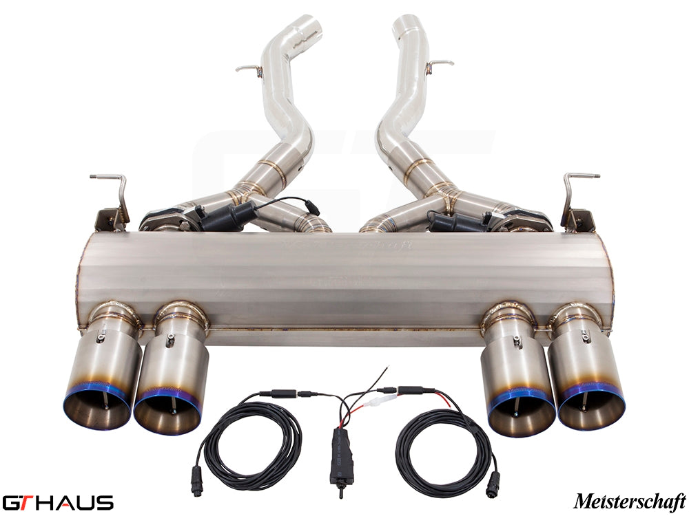 Premium Meisterschaft exhaust system for BMW F80/82/83 M3/M4 I-6 Turbo, featuring dual tips and electronic valve control.