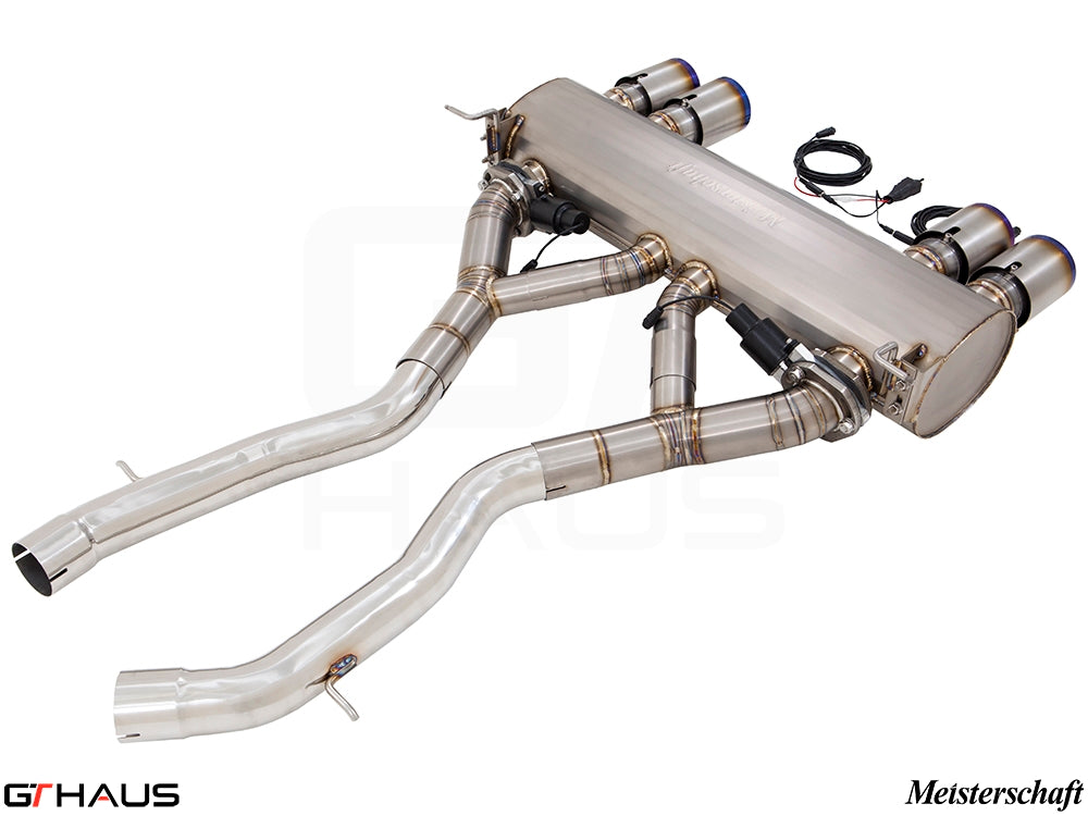 Premium Meisterschaft exhaust system for BMW F80/82/83 M3/M4 I-6 Turbo, featuring stainless steel construction and electronic valve control.