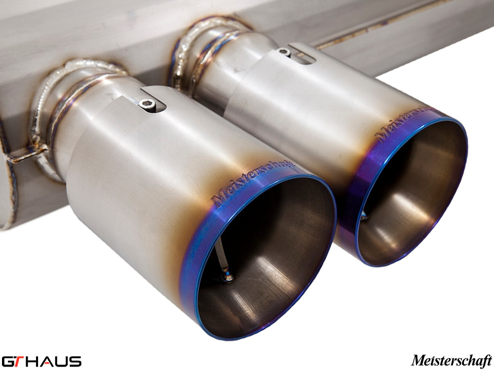 Premium Meisterschaft exhaust tips for BMW F80/82/83 M3/M4, showcasing high-quality stainless steel construction.