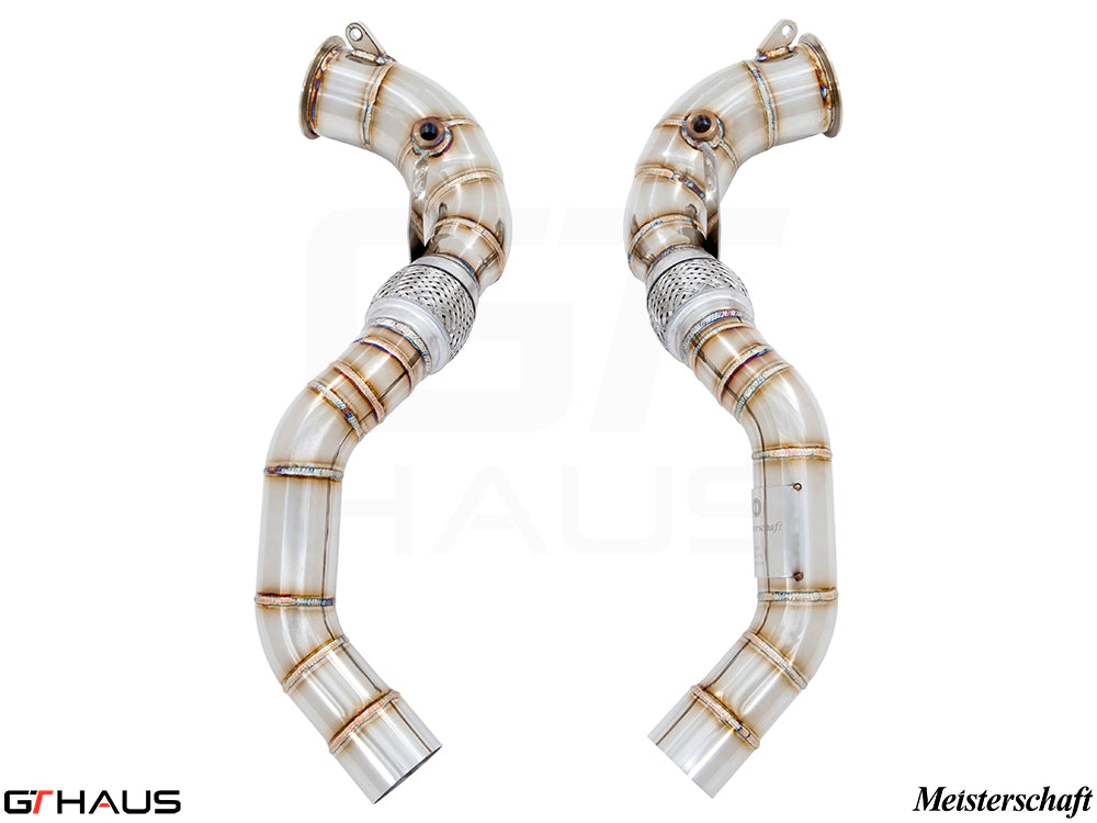 High-performance down pipes for BMW F85 X5M 2015-2019 with 90mm piping and 400 CEL sport cats. Ideal for enhanced exhaust flow.