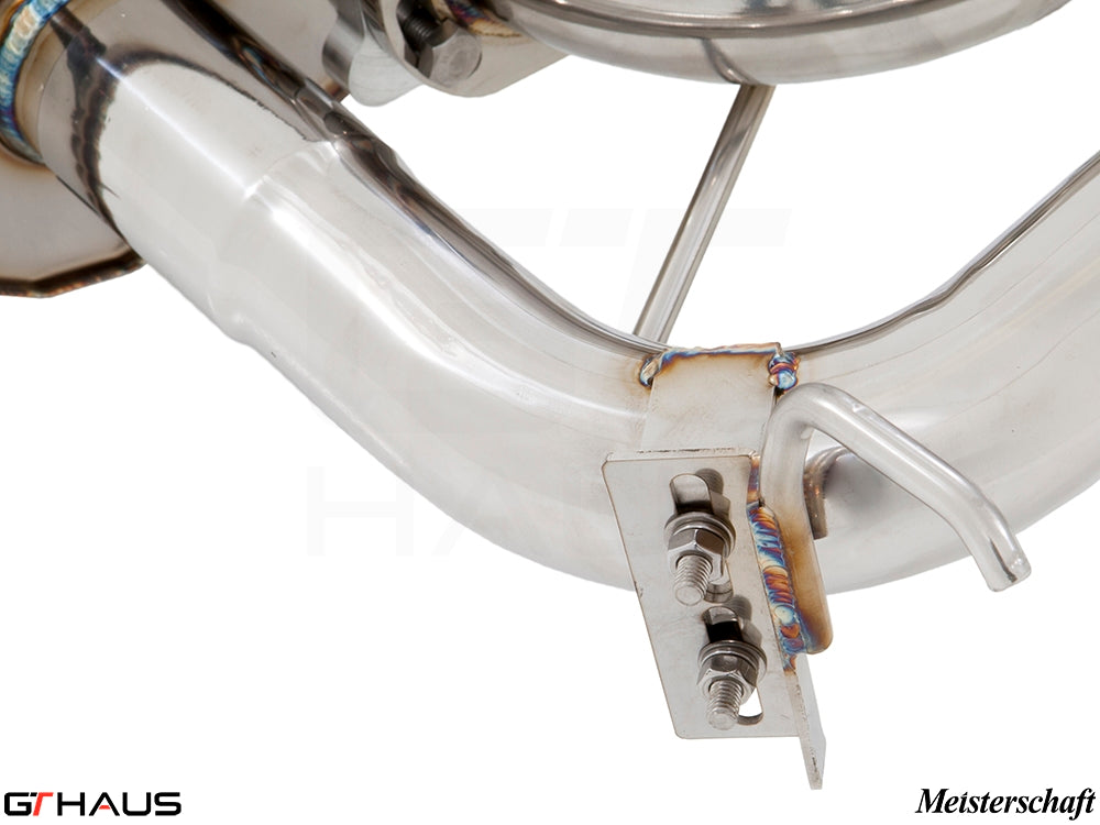 Premium stainless steel exhaust system for BMW F85 X5M, featuring precision welds and durable construction.