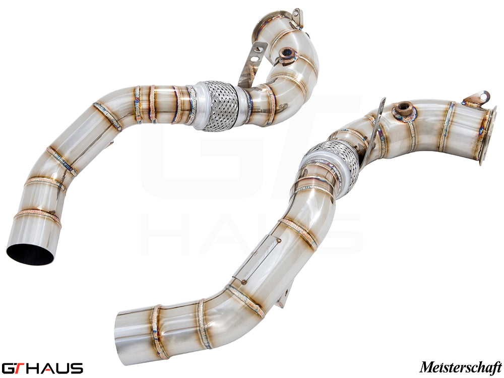 BMW F86 X6M 2015-2019 down pipes with 400 CEL sport cats and 90mm piping for enhanced exhaust flow and performance.