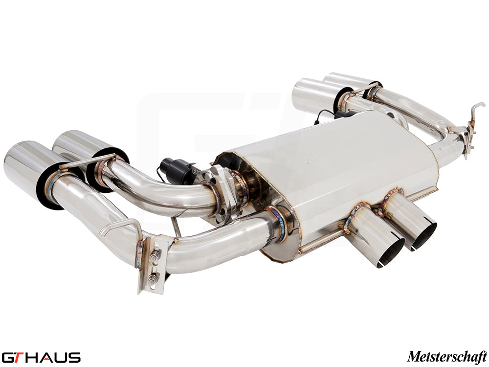 Premium performance exhaust system for BMW F86 X6M, featuring stainless steel construction and electronic valve control.