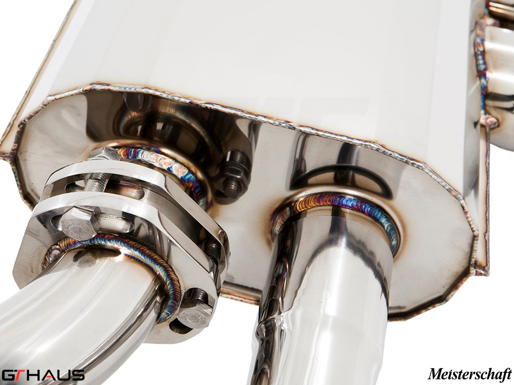 Close-up of a premium exhaust system for BMW F86 X6M, showcasing high-quality stainless steel construction and precision welding.