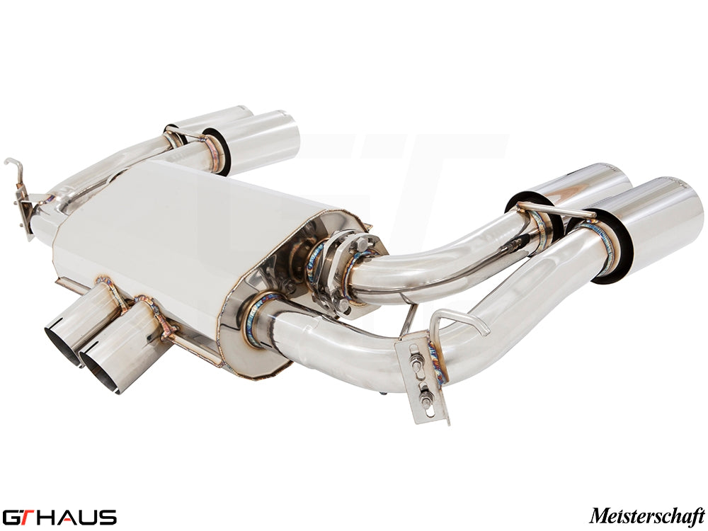 Premium performance exhaust system for BMW F86 X6M, featuring stainless steel construction and dual tips.