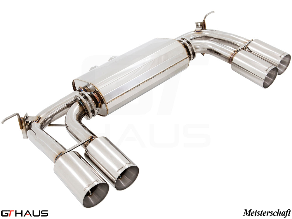 Premium performance exhaust system for BMW F86 X6M, featuring polished stainless steel construction and quad tips.
