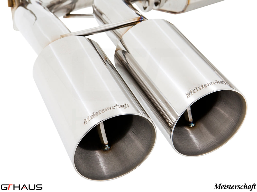 Premium Meisterschaft exhaust tips for BMW F86 X6M, featuring polished stainless steel design for enhanced performance.