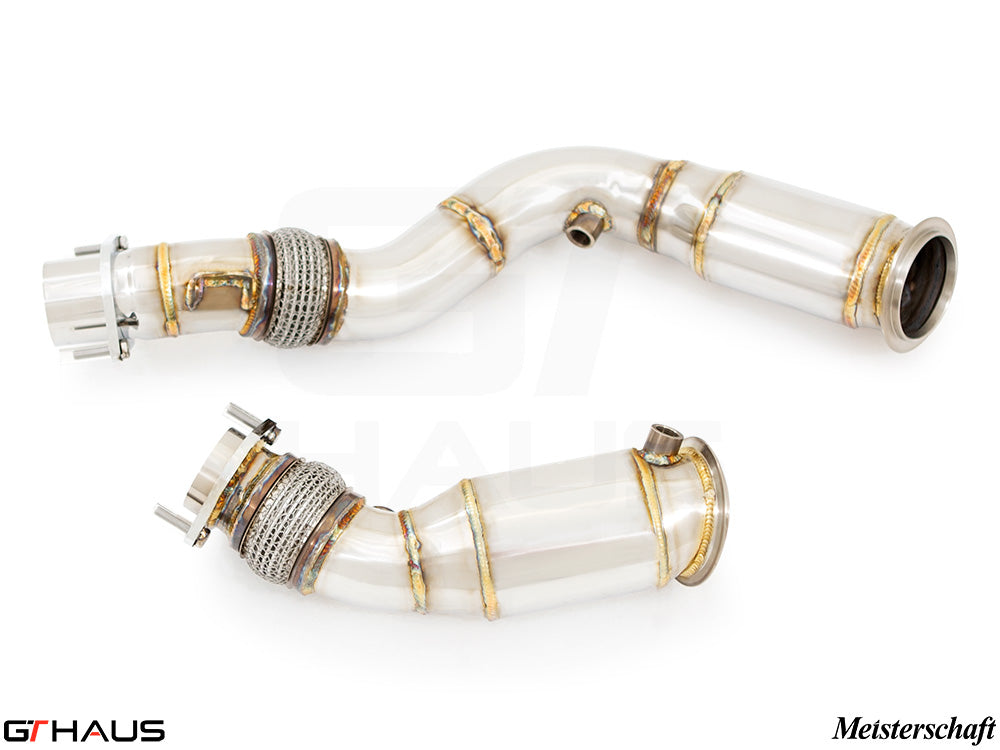 Premium down pipes for BMW F87 M2 models, featuring 90mm piping and 400 CEL sport cats for enhanced performance.
