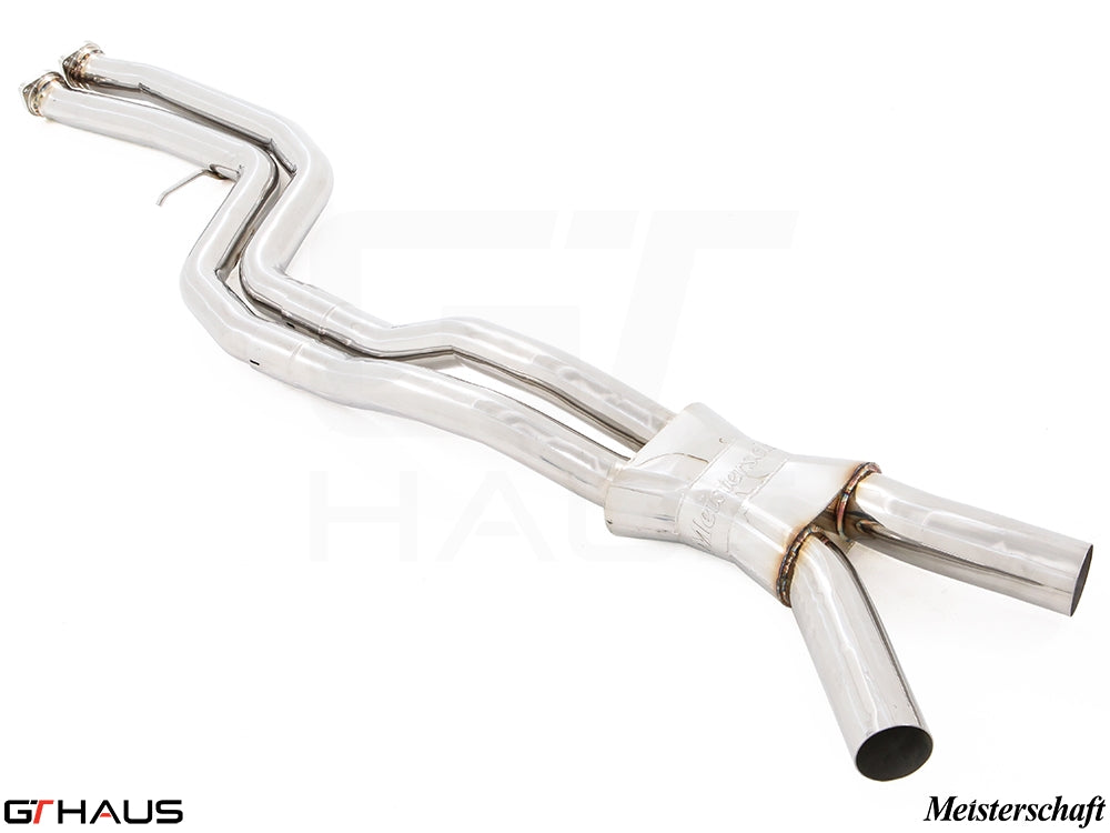 Full cat-back LX pipes for BMW F87 M2 models, featuring dual 65mm stainless steel piping for enhanced performance.