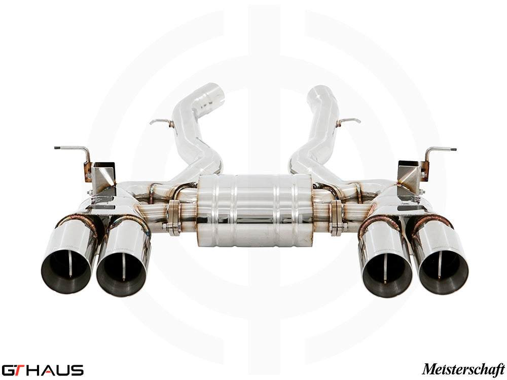 Premium performance exhaust system for BMW F87 M2, M2 Competition, and M2 CS Coupe, featuring stainless steel construction and quad tips.