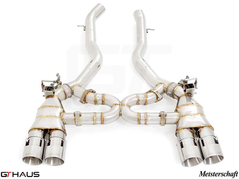 Premium exhaust system for BMW F87 M2/M2 Competition/CS, featuring stainless steel construction and dual tips.