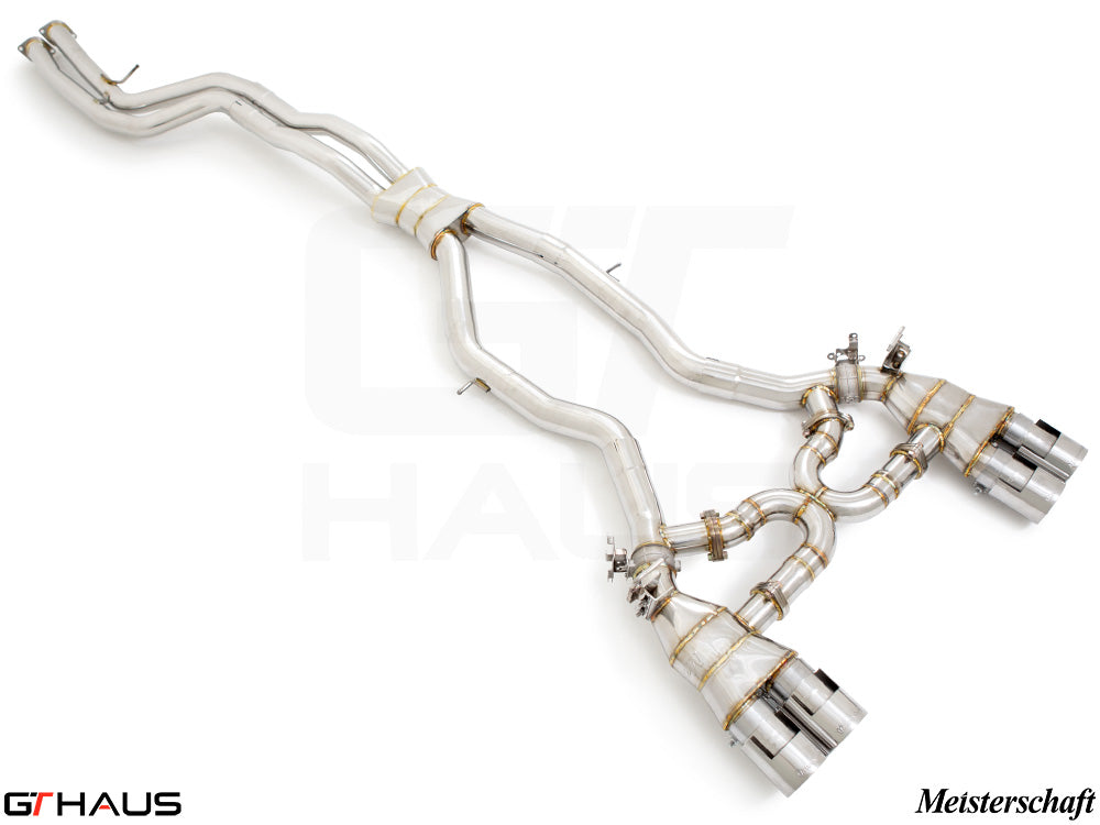 Premium performance exhaust system for BMW F87 M2, M2 Competition, and M2 CS Coupe, featuring stainless steel construction and dual tips.