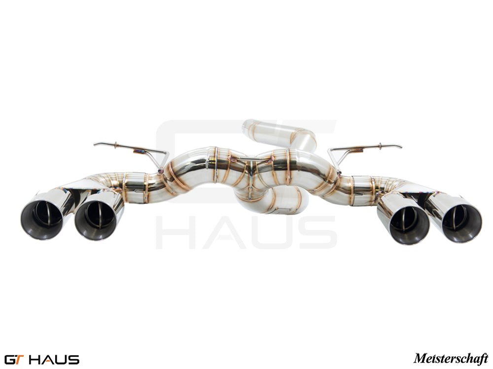 Premium exhaust system for BMW F87 M2, M2 Competition, and M2 CS Coupe, featuring polished stainless steel construction.