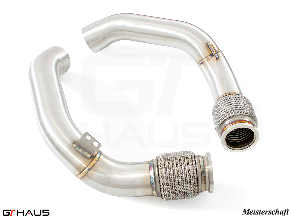 BMW F90 M5 secondary cat-delete down pipe featuring stainless steel construction and flexible sections for enhanced performance.