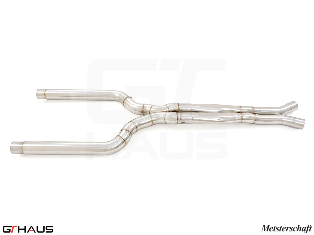 LSR mid resonator delete pipes for BMW F91/92 M8, 76mm piping, designed for enhanced exhaust performance.