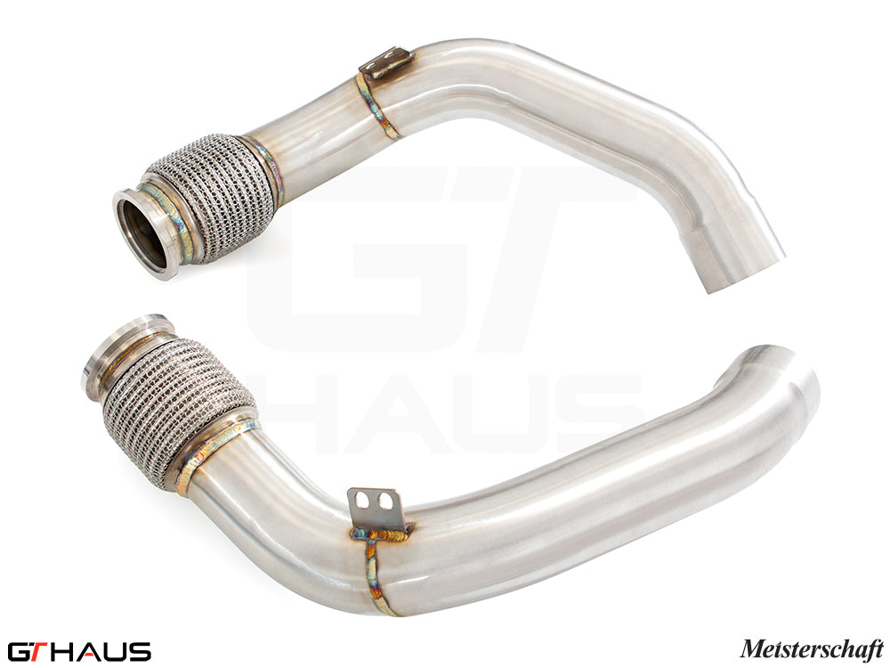 High-performance down pipe for BMW F93 M8/M8 Competition 2020+, featuring secondary cat-delete for enhanced exhaust flow.