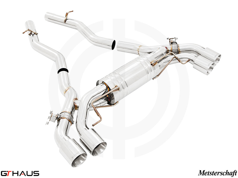Premium performance exhaust system for BMW F95 X5M/X5M Comp, featuring stainless steel construction and dual tips.