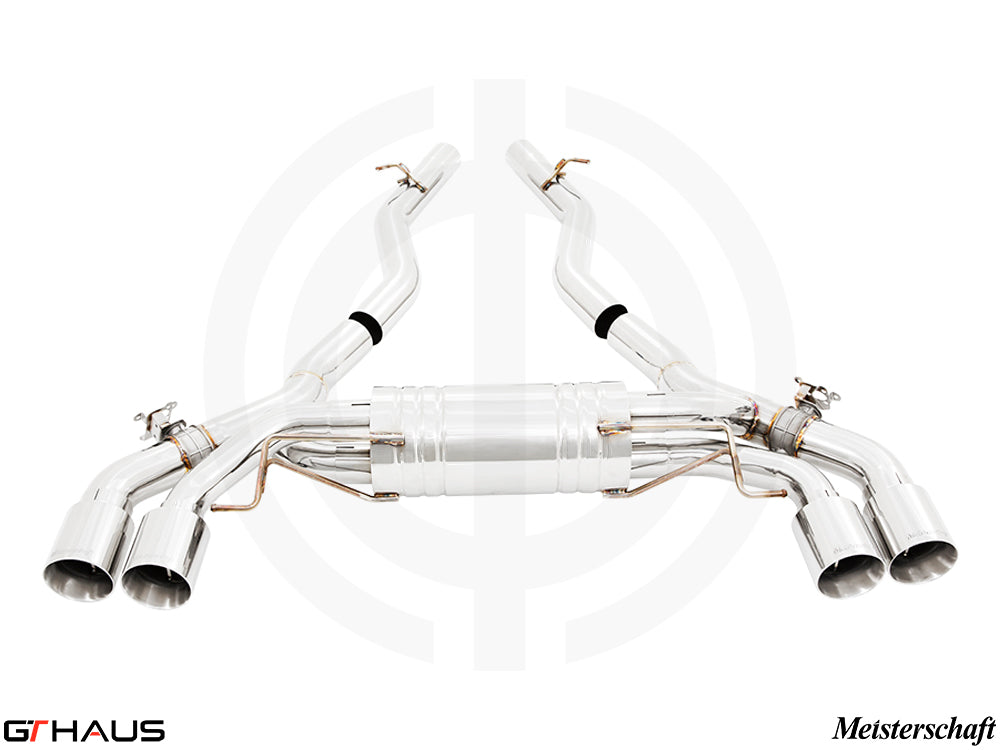 Premium exhaust system for BMW F95 X5M/X5M Comp, featuring stainless steel construction and quad tips for enhanced performance.