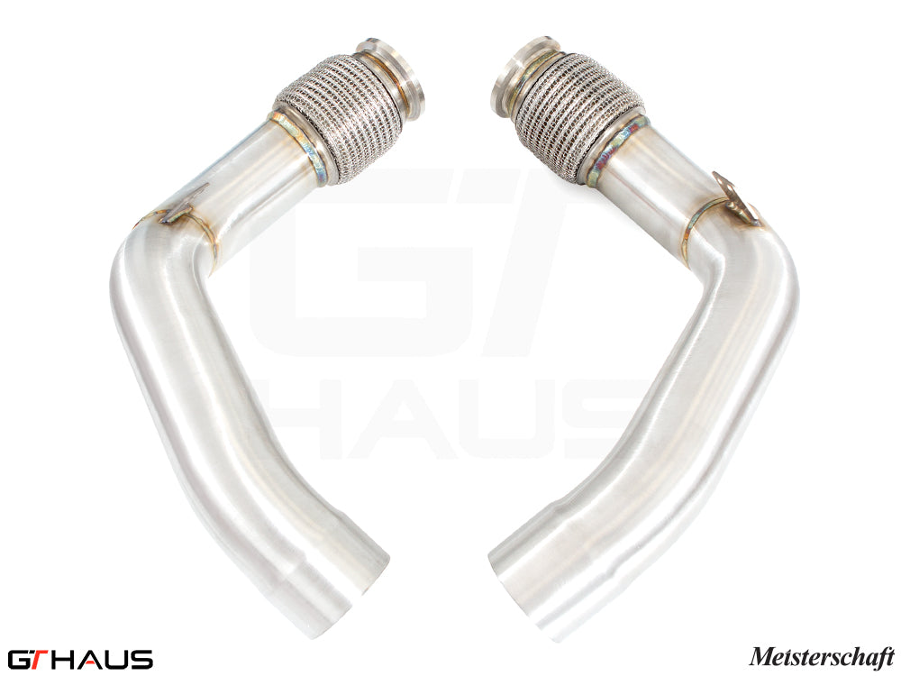 BMW F95 X5M LCI 2024+ downpipe with secondary cat-delete, featuring high-quality stainless steel construction.