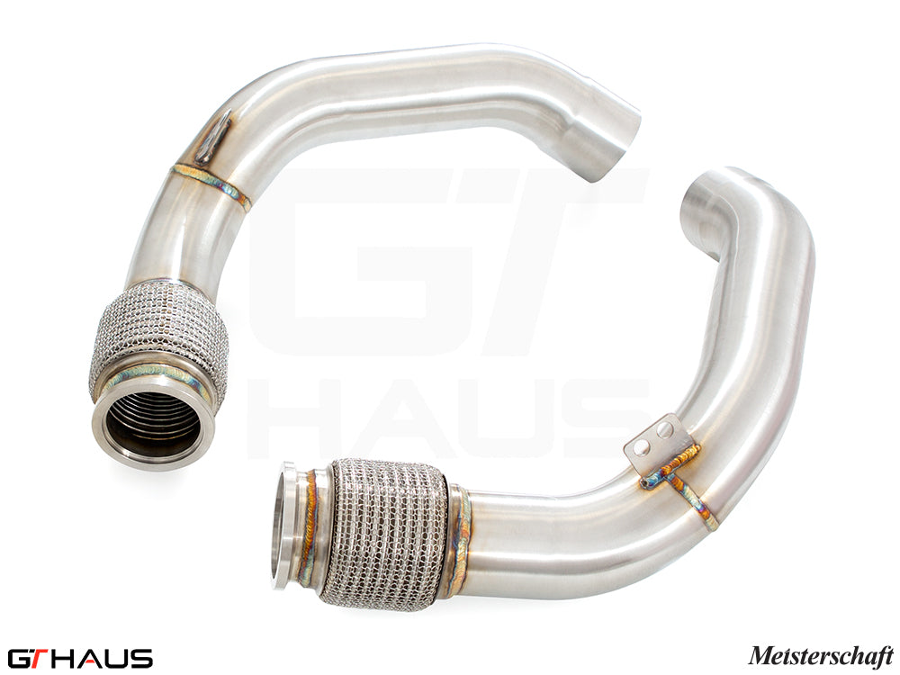 BMW F96 X6M 2020+ downpipe featuring secondary cat-delete, crafted from high-quality stainless steel for enhanced performance.