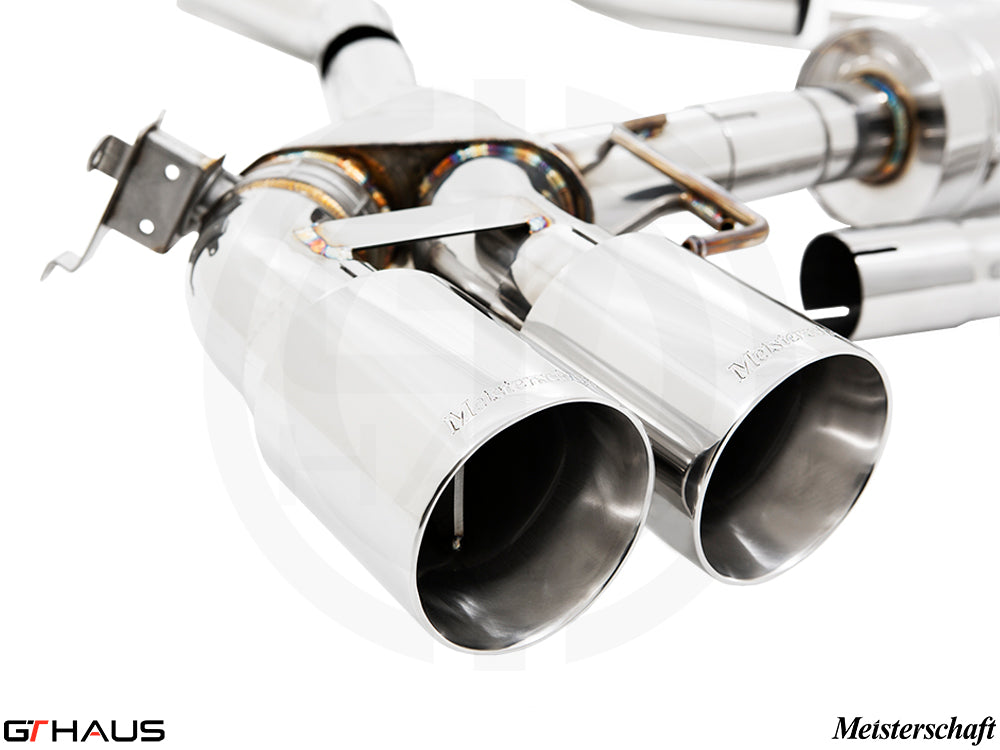 Premium Meisterschaft exhaust system for BMW F96 X6M/X6M Comp, featuring polished stainless steel tips and advanced design.