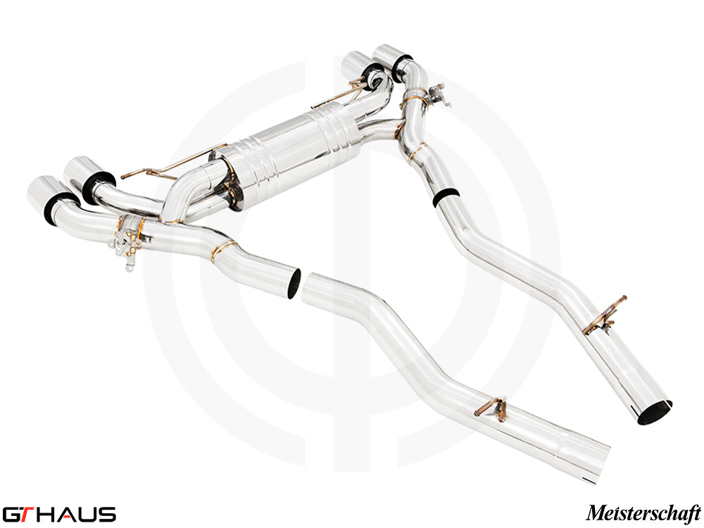 Premium exhaust system for BMW F96 X6M/X6M Comp LCI, featuring stainless steel construction and performance enhancements.