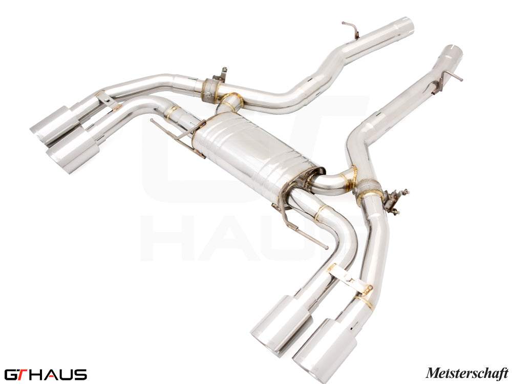 Premium exhaust system for BMW F97 X3M SAV (2019-2021) featuring stainless steel construction and quad tips.