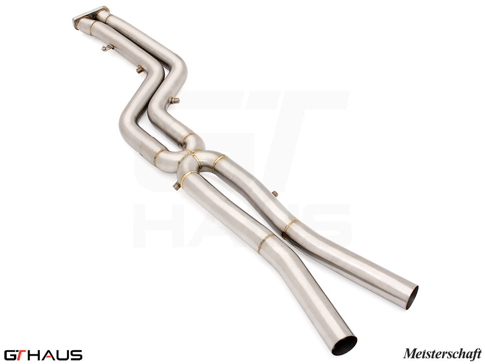 BMW F97 X3M 2022+ full cat-back 76mm dual LSR mid resonator delete pipes in polished stainless steel.