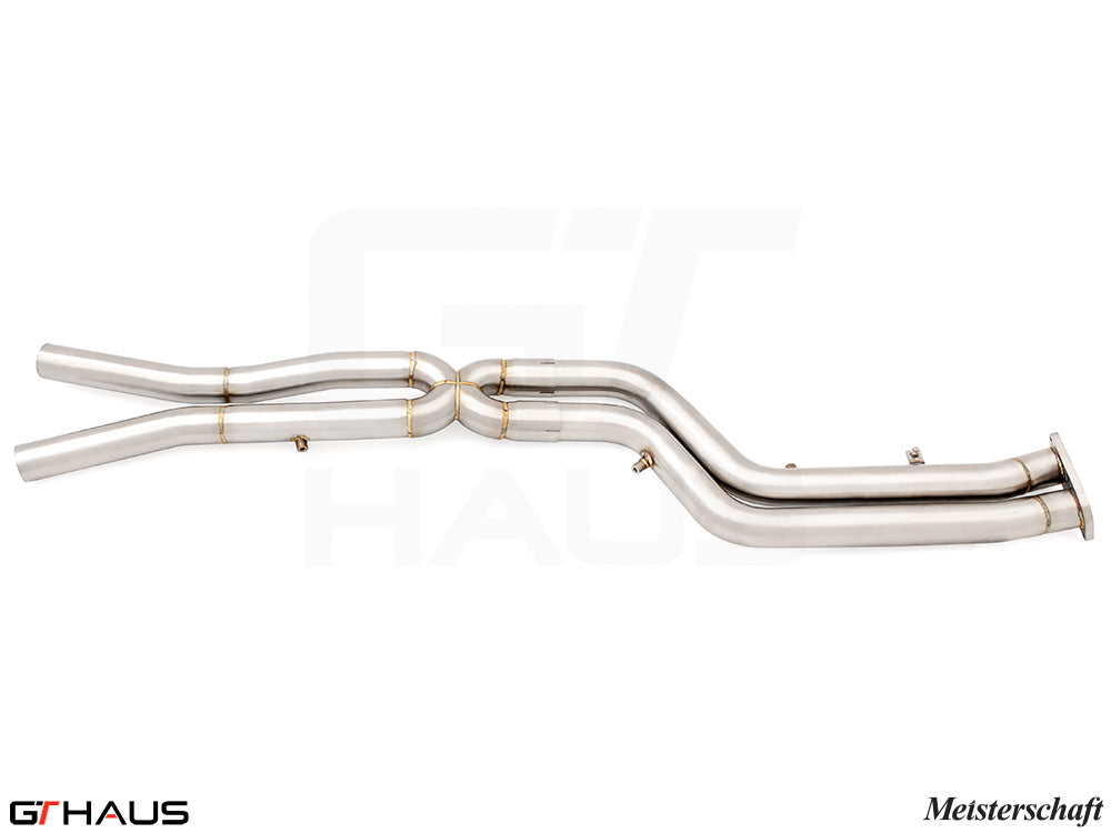 BMW F97 X3M SAV 2022+ full cat-back 76mm dual LSR mid resonator delete pipes in polished stainless steel.