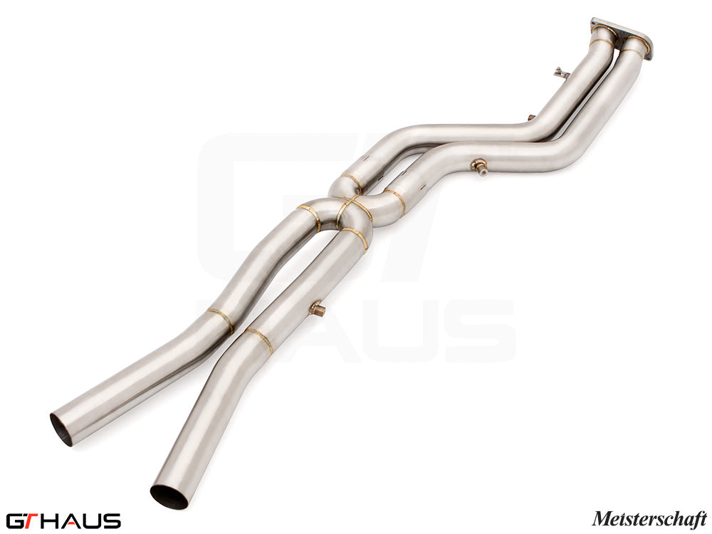 BMW F97 X3M 2022+ full cat-back 76mm dual LSR mid resonator delete pipes in polished stainless steel finish.