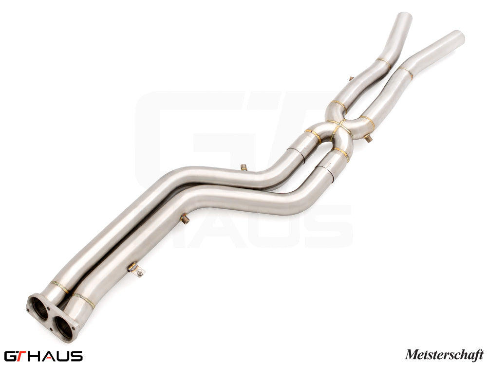 BMW F97 X3M SAV 2022+ full cat-back 76mm dual LSR mid resonator delete pipes in polished stainless steel.