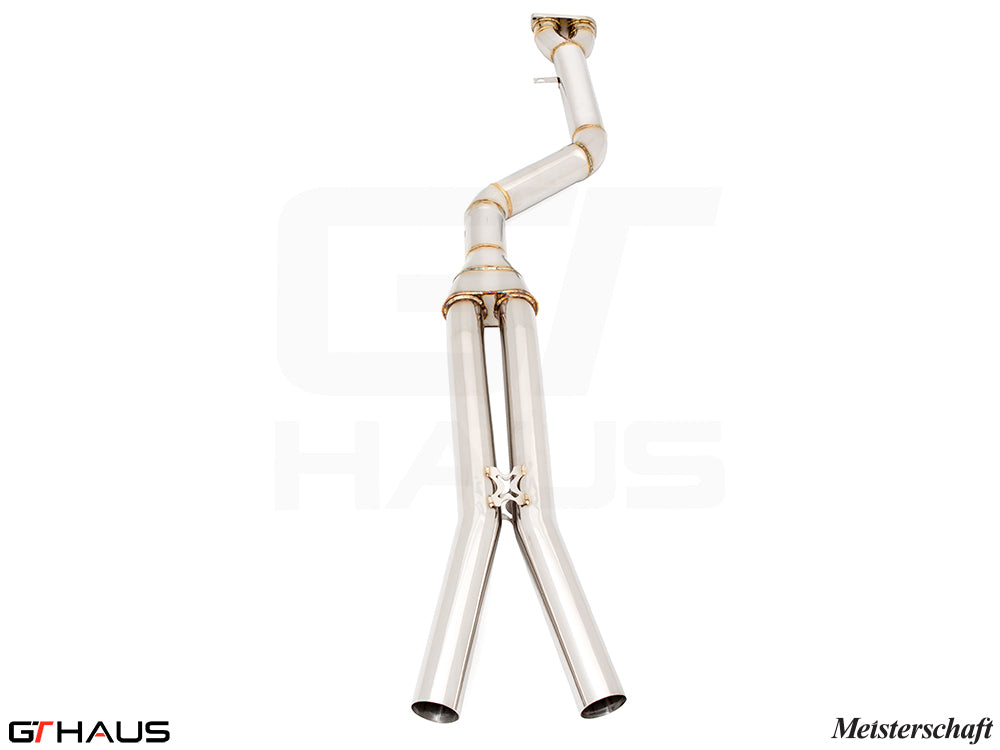 Full cat-back 90mm single LX mid resonator delete pipes for BMW F98 X4M SAV 2019-2021, featuring polished stainless steel design.