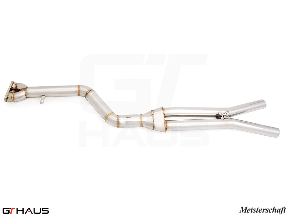 BMW F98 X4M 2019-2021 full cat-back 90mm single LX mid resonator delete pipes in polished stainless steel.