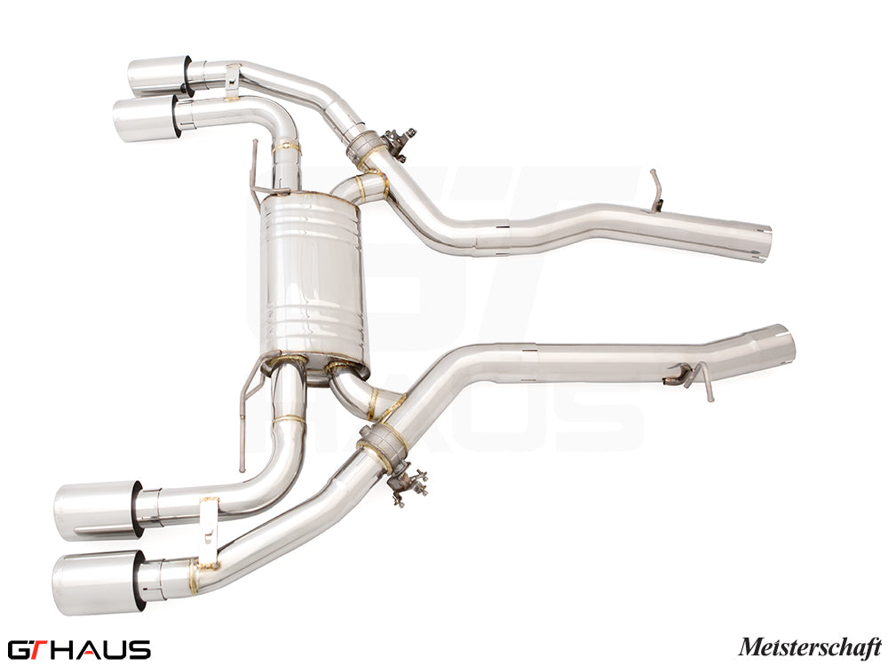Premium Meisterschaft exhaust system for BMW F98 X4M SAV, featuring T304 stainless steel and electronic valve control.