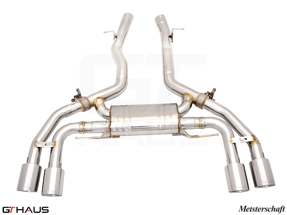 Premium performance exhaust system for BMW F98 X4M SAV, featuring stainless steel construction and dual tips.