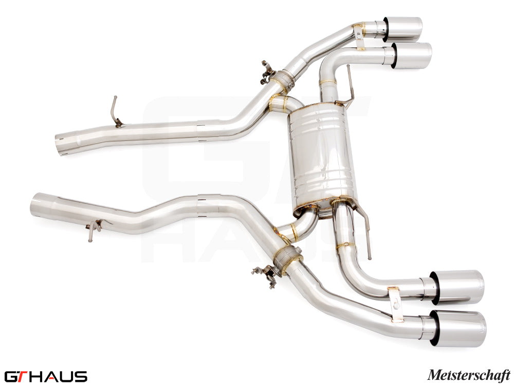 Premium exhaust system for BMW F98 X4M SAV (2019-2021), featuring T304 stainless steel and Meisterschaft branding.