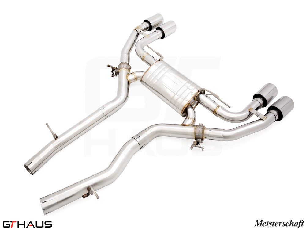 Premium Meisterschaft exhaust system for BMW F98 X4M SAV, featuring T304 stainless steel and dual tips for enhanced performance.